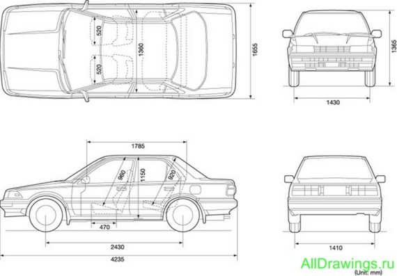 Toyota Corolla Sedan AE91 (1990) (Тоёта Королла Седан АЕ91 (1990)) - чертежи (рисунки) автомобиля